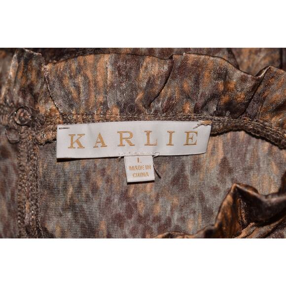 KARLIE $173 Brown Abstract Tiered‎ Ruffled Hi-Low Hem Dress Large - Picture 4 of 4